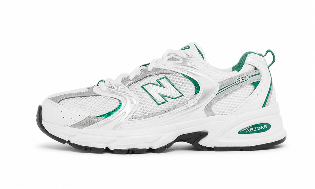 New Balance 530 white background hero — aftermath-nb530-530-white-silver-green