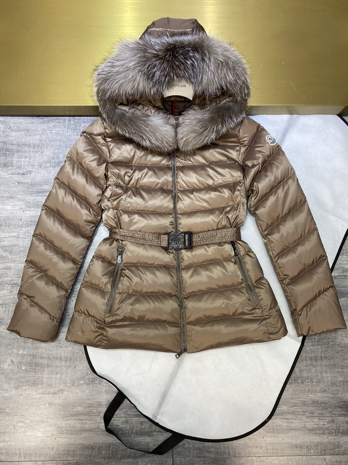 Moncler Fur-Trim Hood Belted Short Down Coat — front