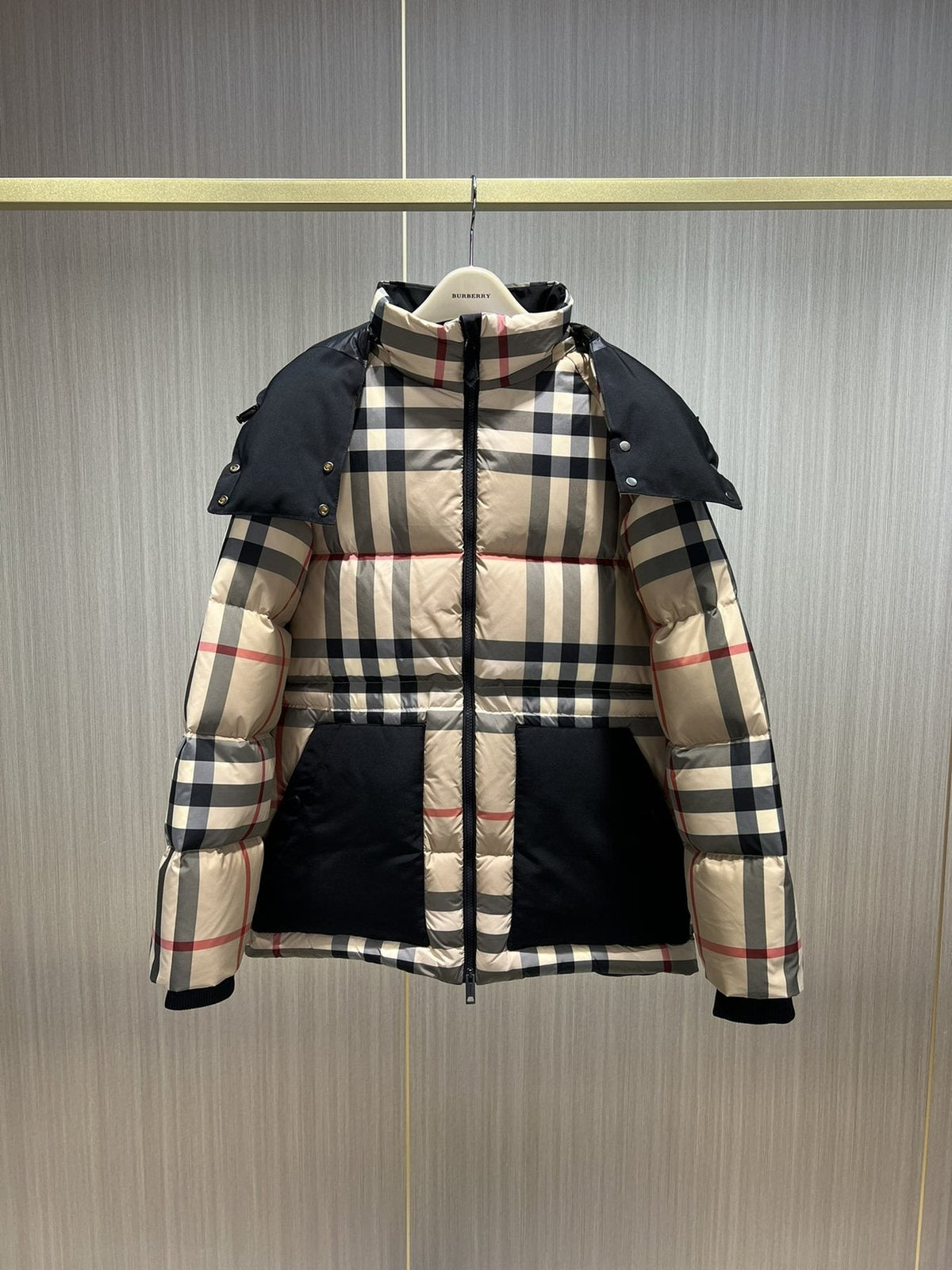 Burberry Reversible Beige Check Hooded Puffer Jacket — front