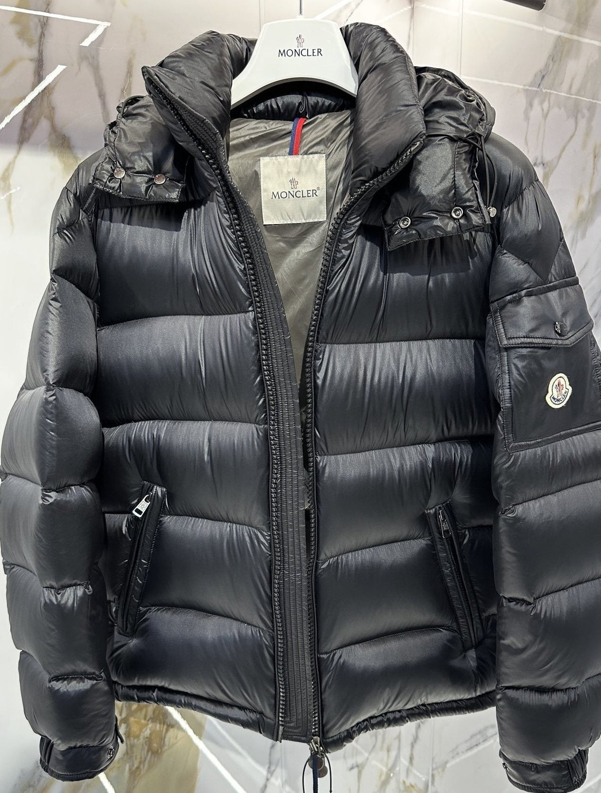 Moncler Black Glossy Hooded Puffer Coat — hero