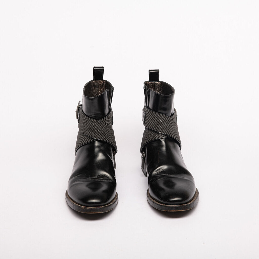 Brunello Cucinelli Black Leather Jeweled Strap Booties (37.5)