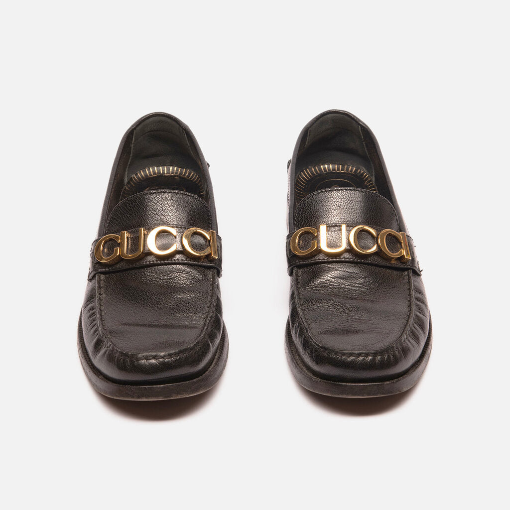 Gucci Black Leather Logo Loafers