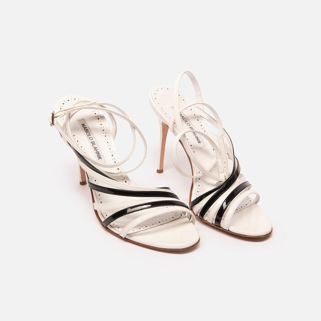 Manolo Blahnik B&W Strappy Patent Heels