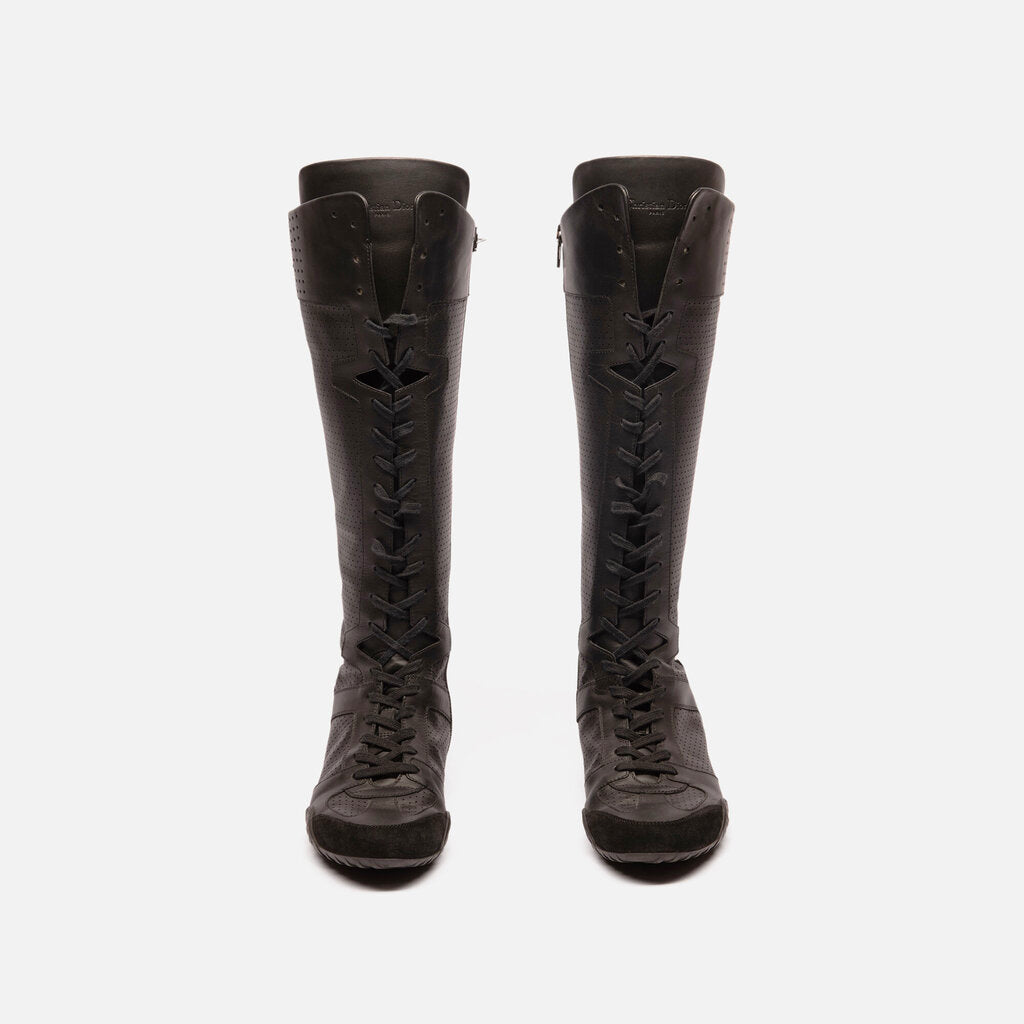 Christian Dior Knee High Black Leather Lace-Up Sneaker Boots