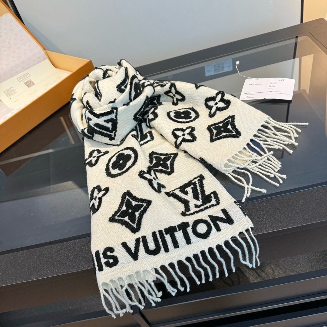Louis Vuitton White and Black Graphic Scarf — front