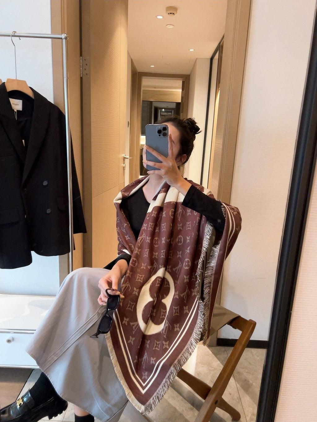 Louis Vuitton Brown & Cream Monogram Square Scarf — model