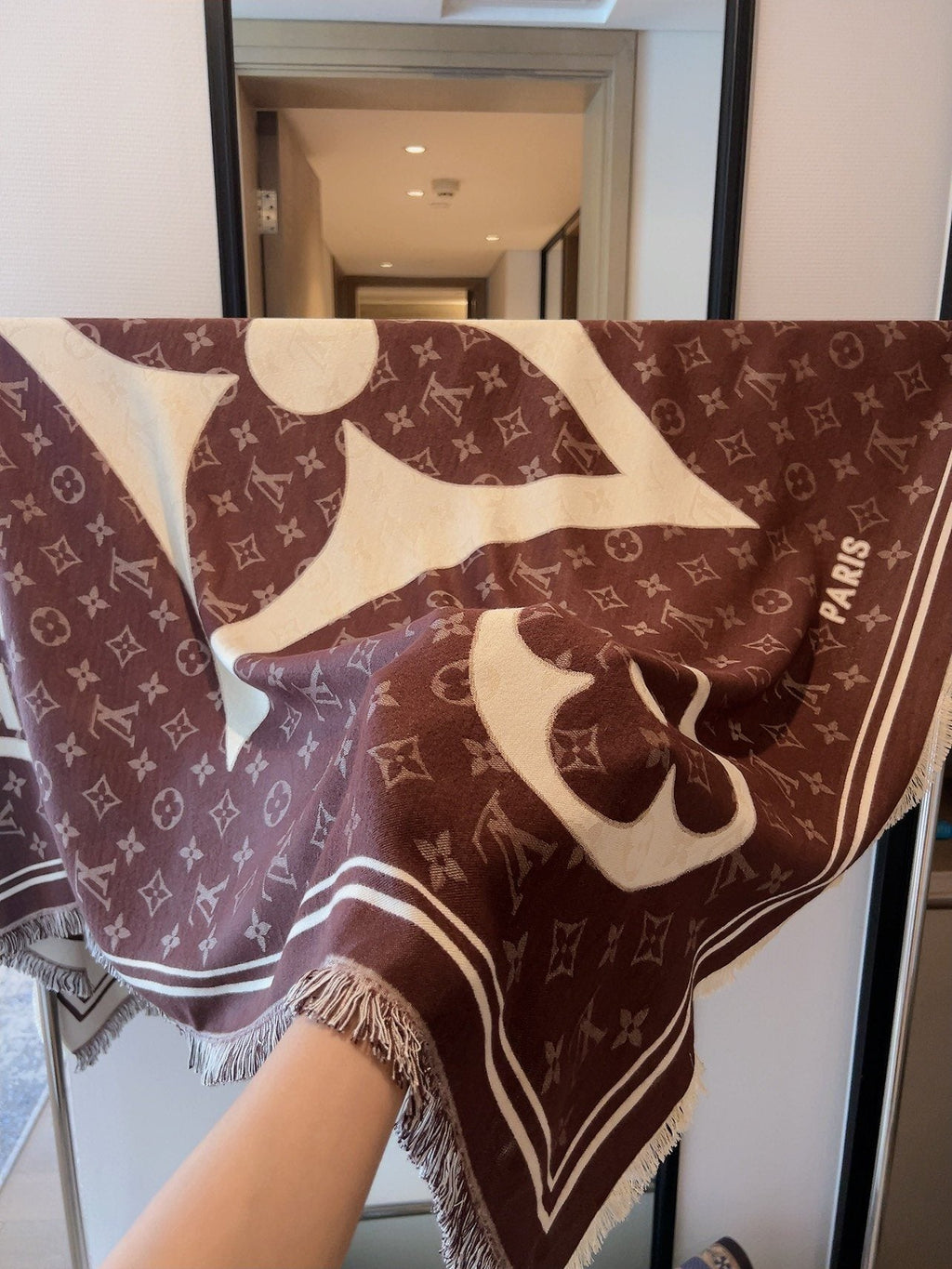 Louis Vuitton Brown & Cream Monogram Square Scarf — detail
