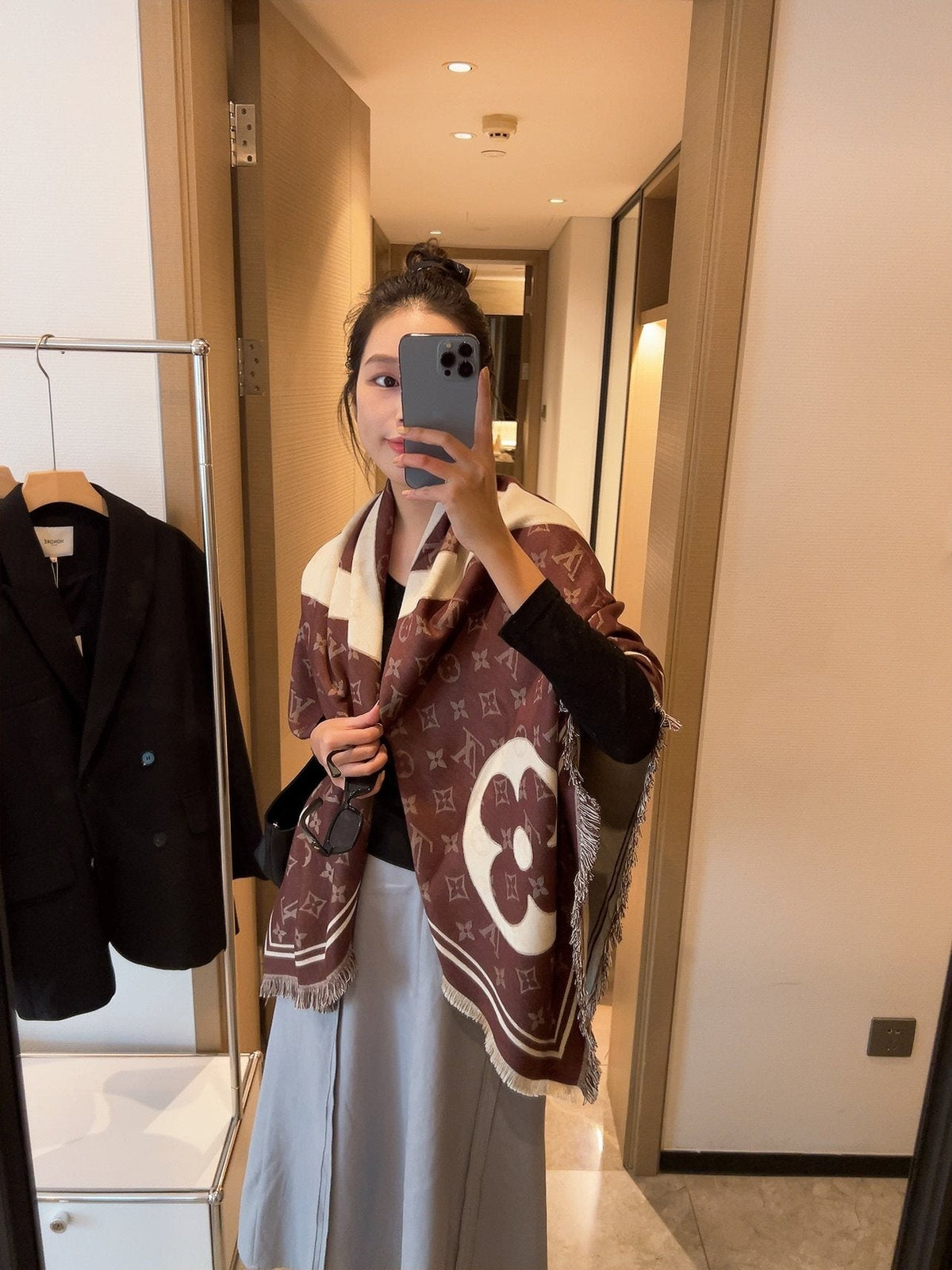 Louis Vuitton Monogram Fringe Square Scarf — model