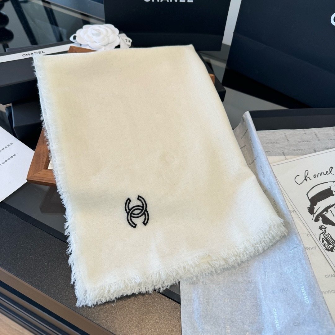 Chanel Ivory Fringed Cashmere Scarf — front