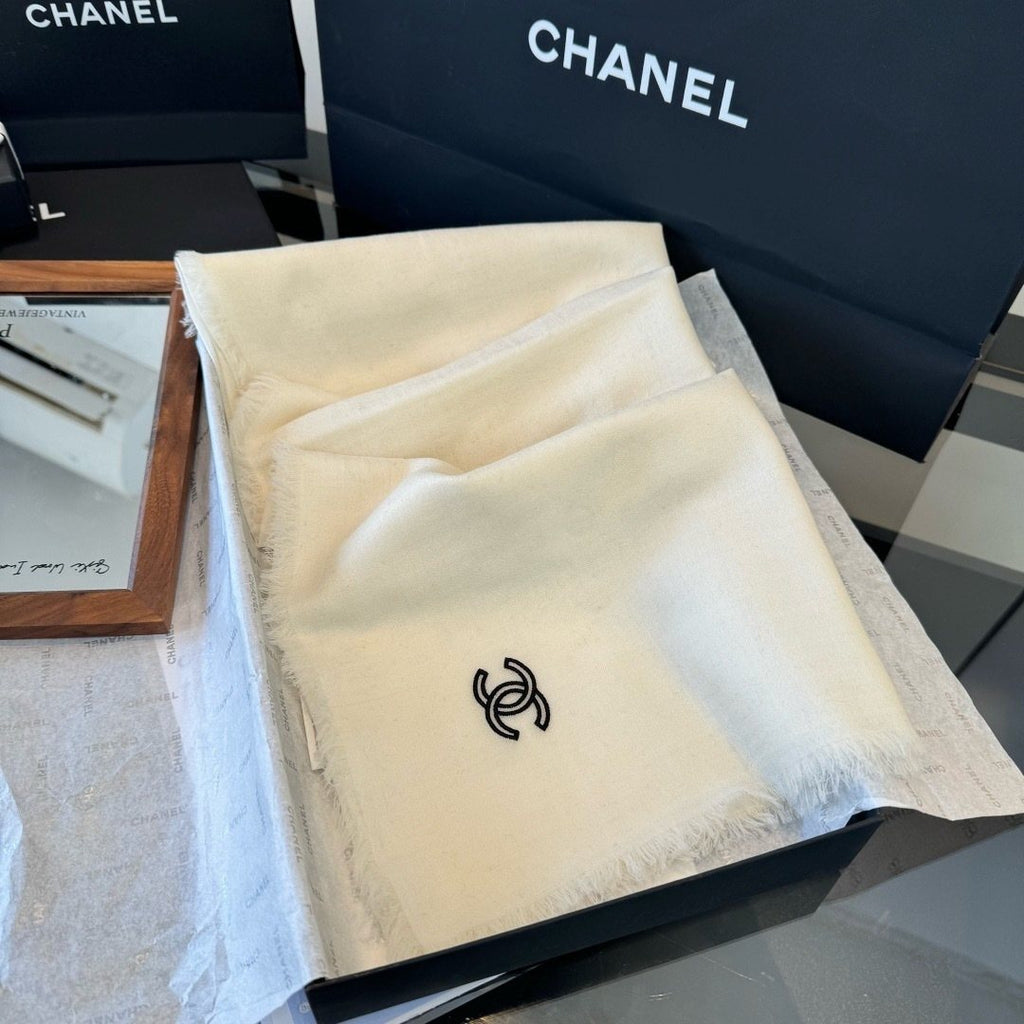 Chanel Ivory Fringed Cashmere Scarf — side