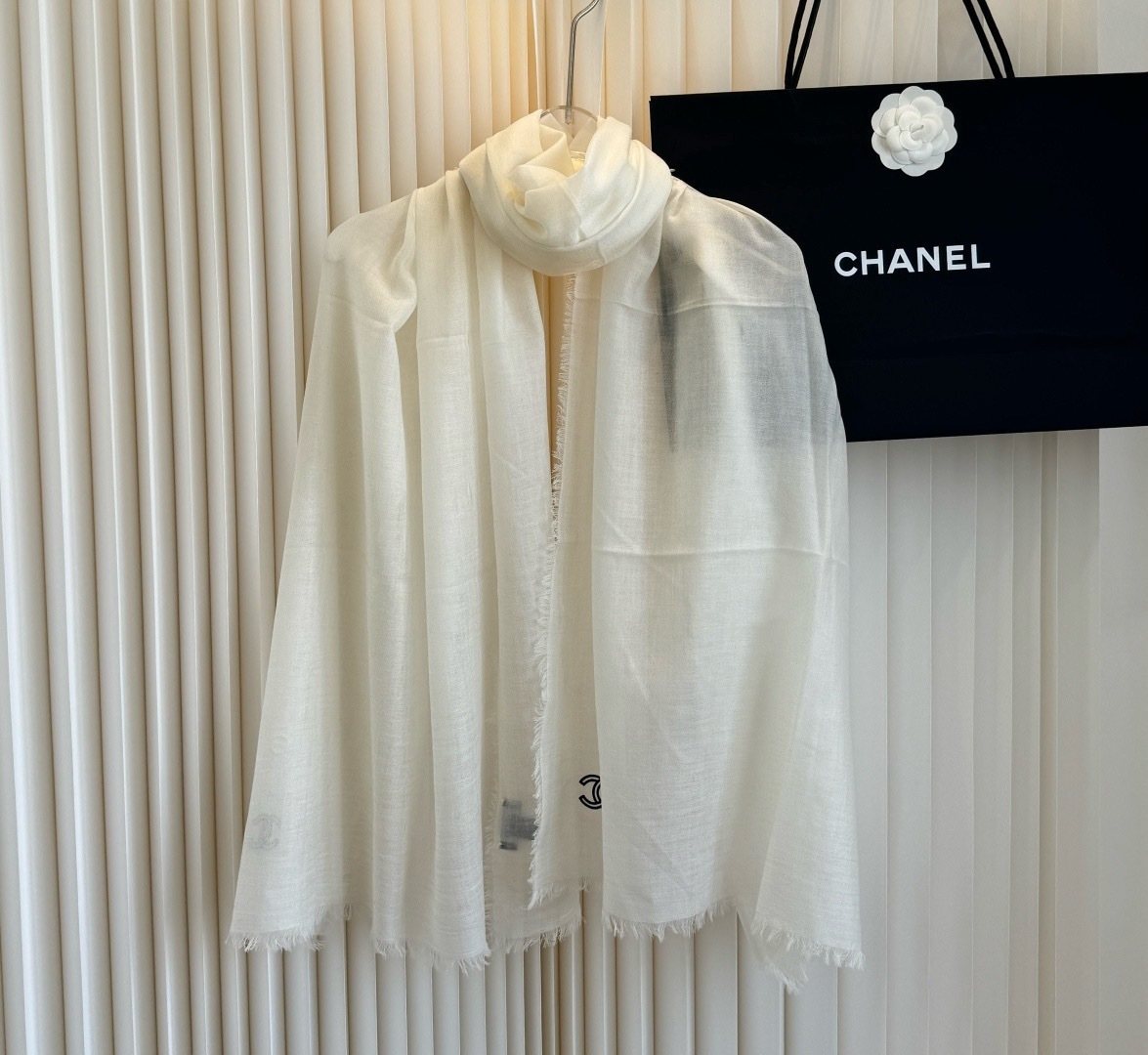 Chanel Ivory Fringed Cashmere Scarf — hero