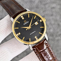Omega Brown Gold Black Dial Leather Strap Watch — hero