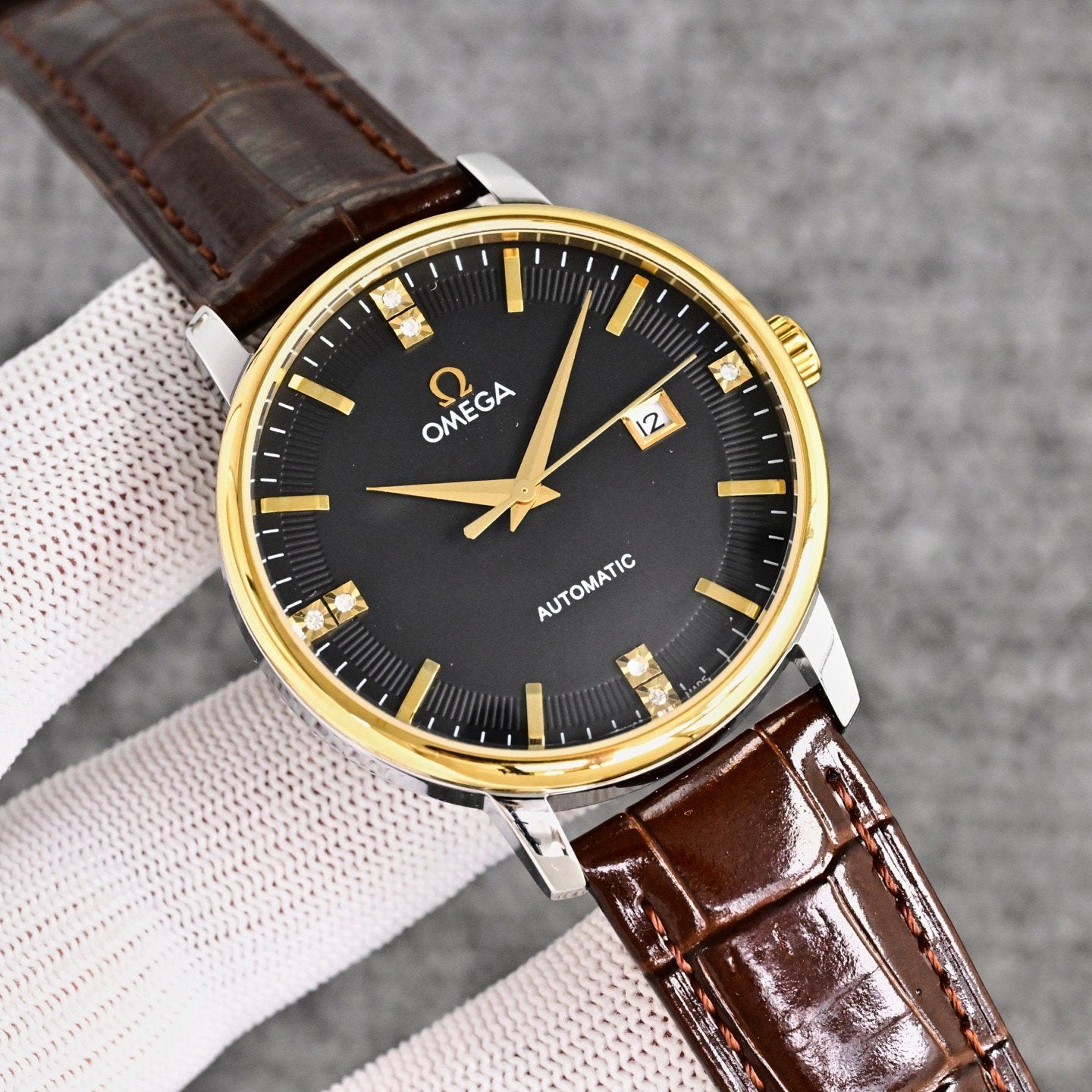 Omega Brown Gold Black Dial Leather Strap Watch — hero