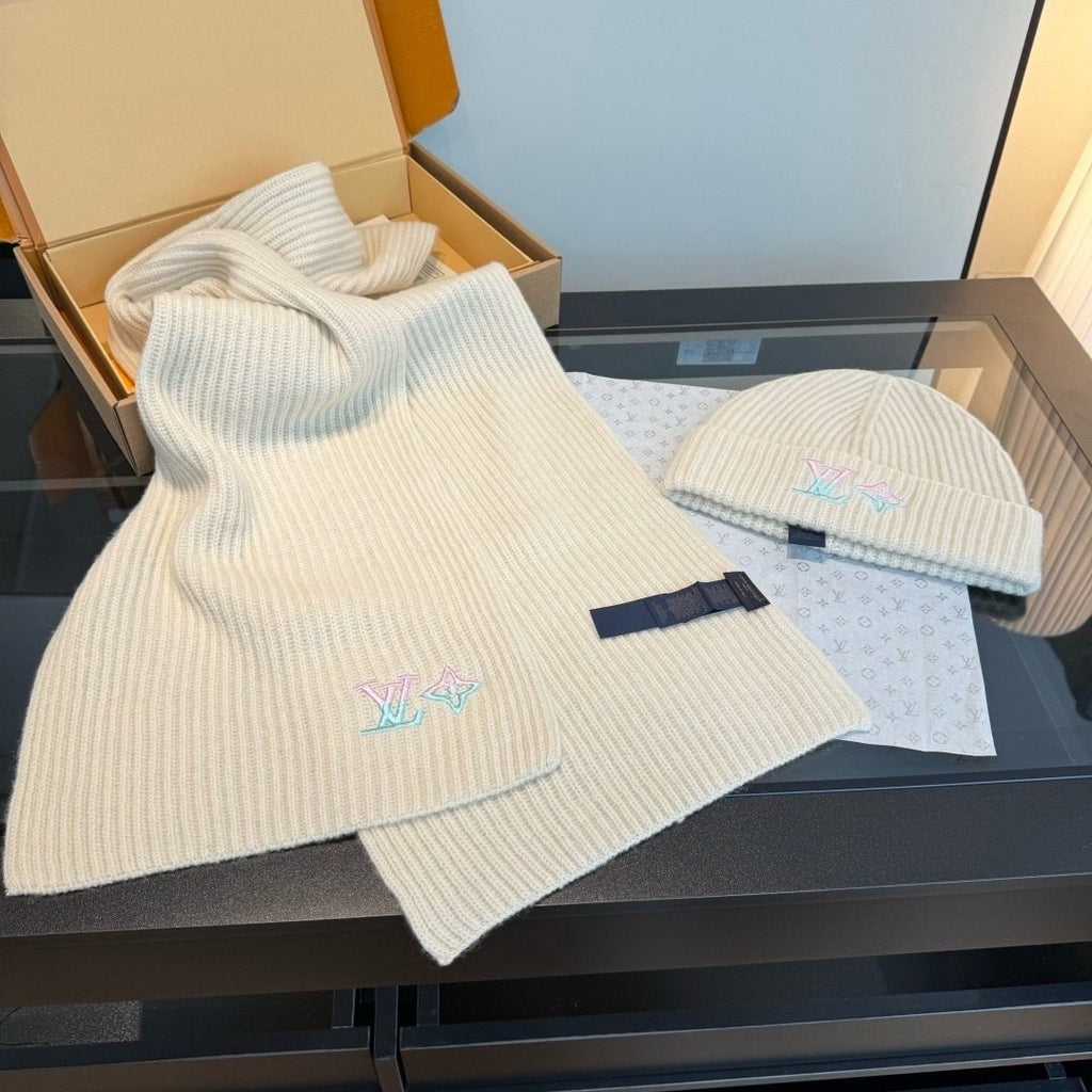 Louis Vuitton Cream Rib-Knit Scarf and Beanie Set — front