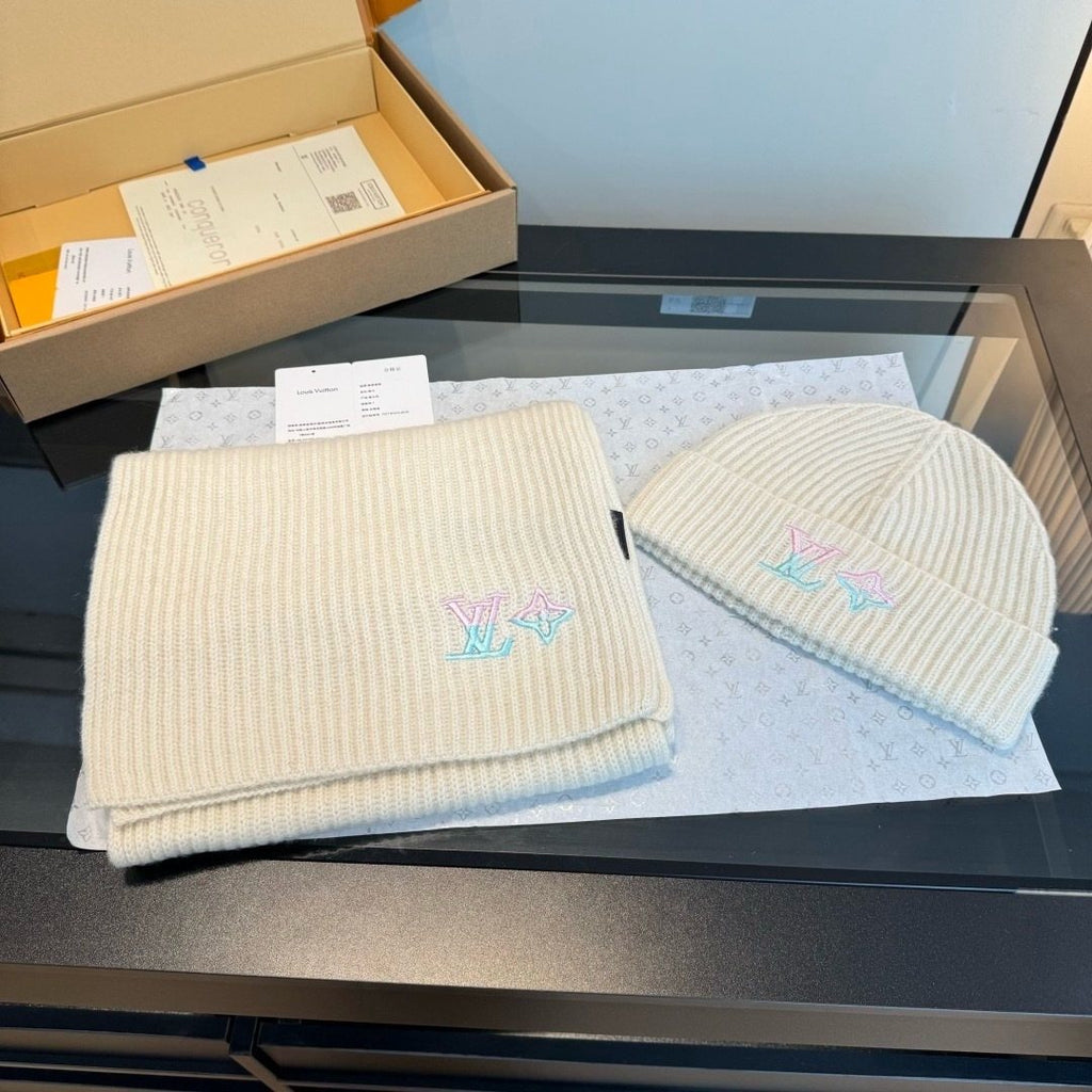 Louis Vuitton Cream Rib-Knit Scarf and Beanie Set — front