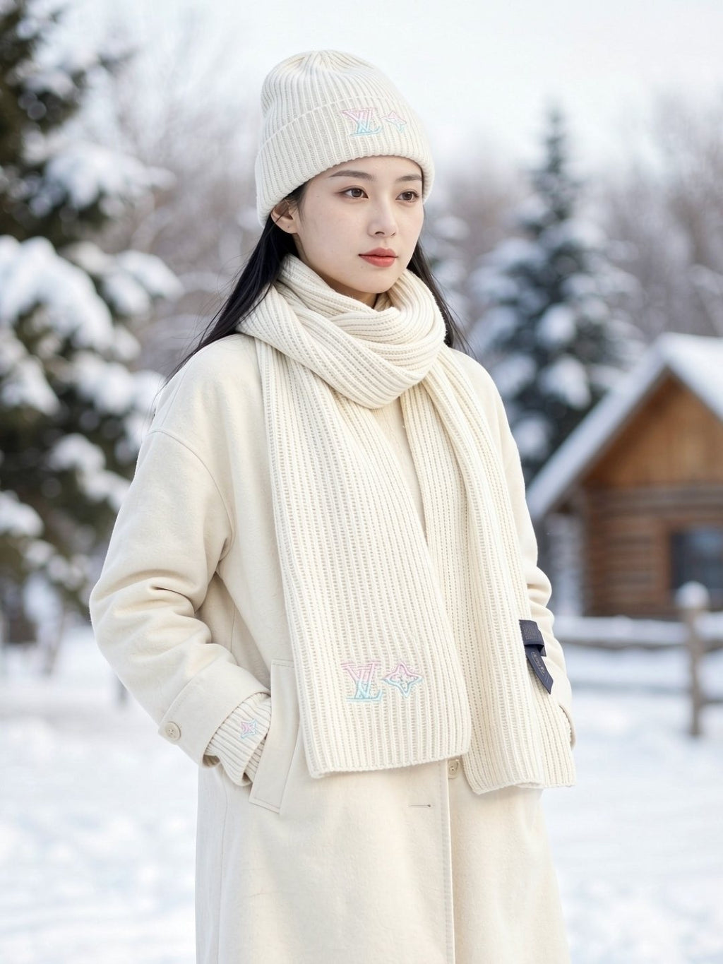 Louis Vuitton Cream Rib-Knit Scarf and Beanie Set — model
