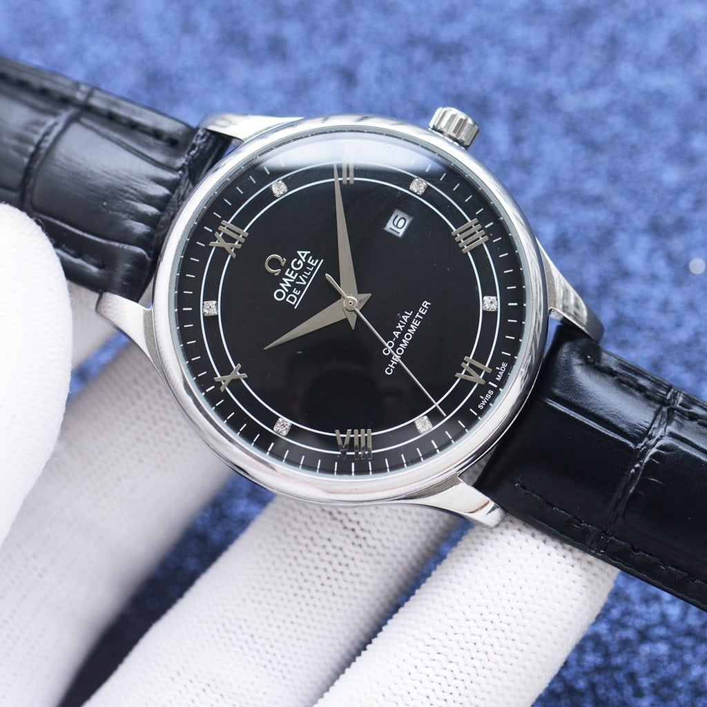 OMEGA Silver Black Dial Leather Strap Watch — front