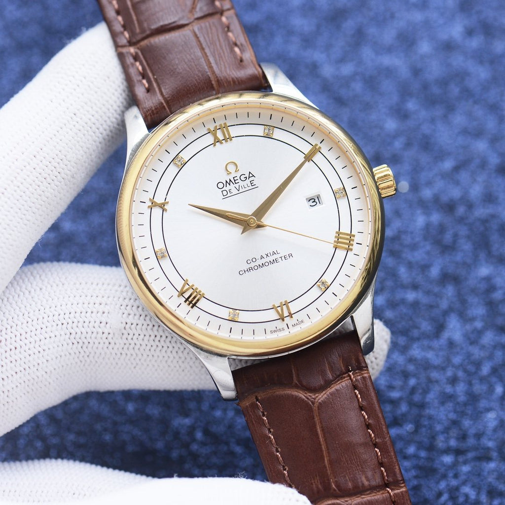 OMEGA Brown Gold White Dial Leather Strap Watch — front