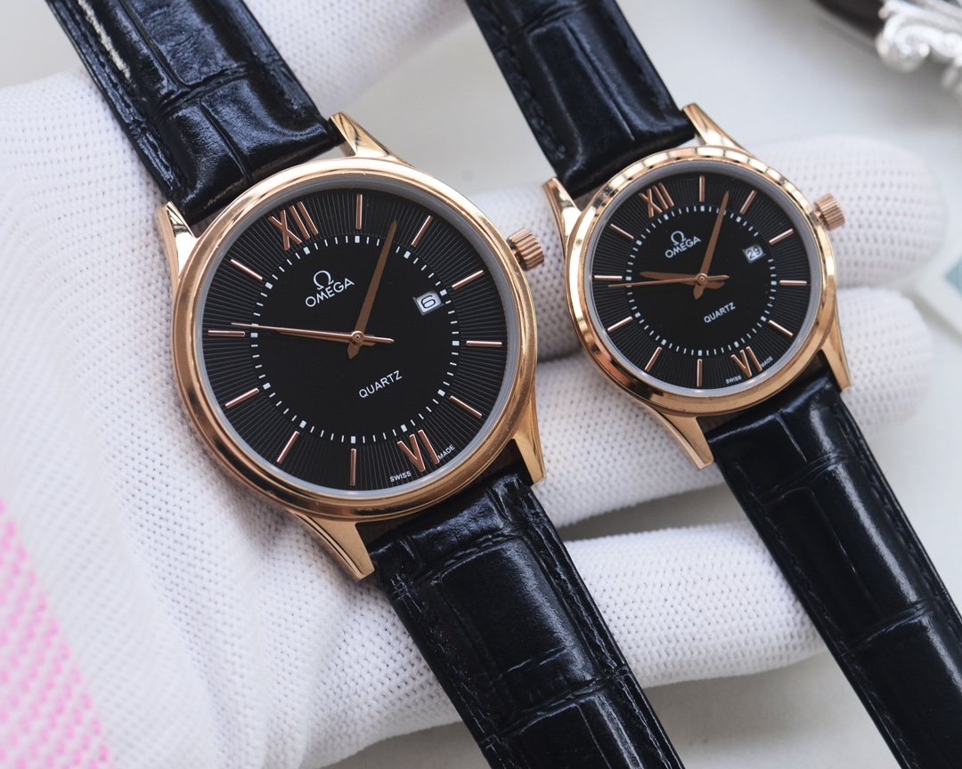 OMEGA Rose Gold Black Dial Leather Strap Watch — hero