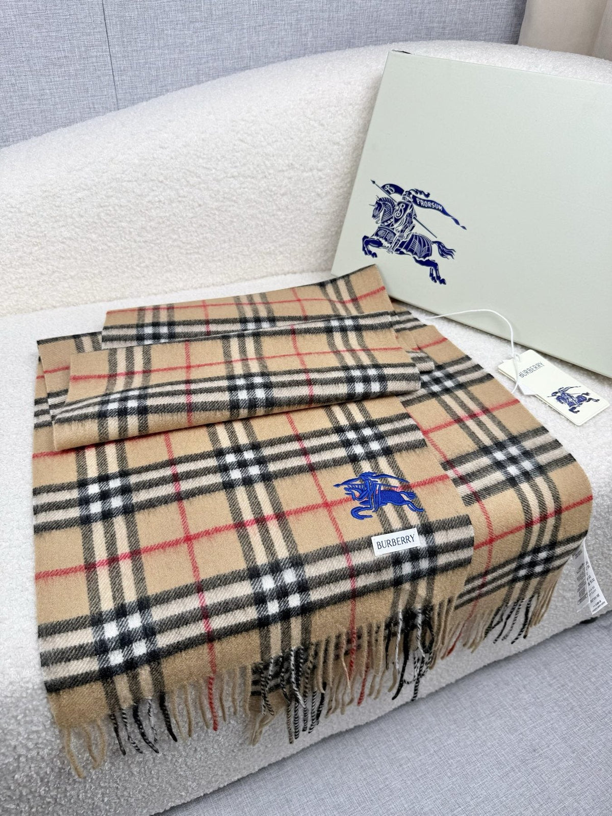 Burberry Beige Plaid Fringe Scarf — side