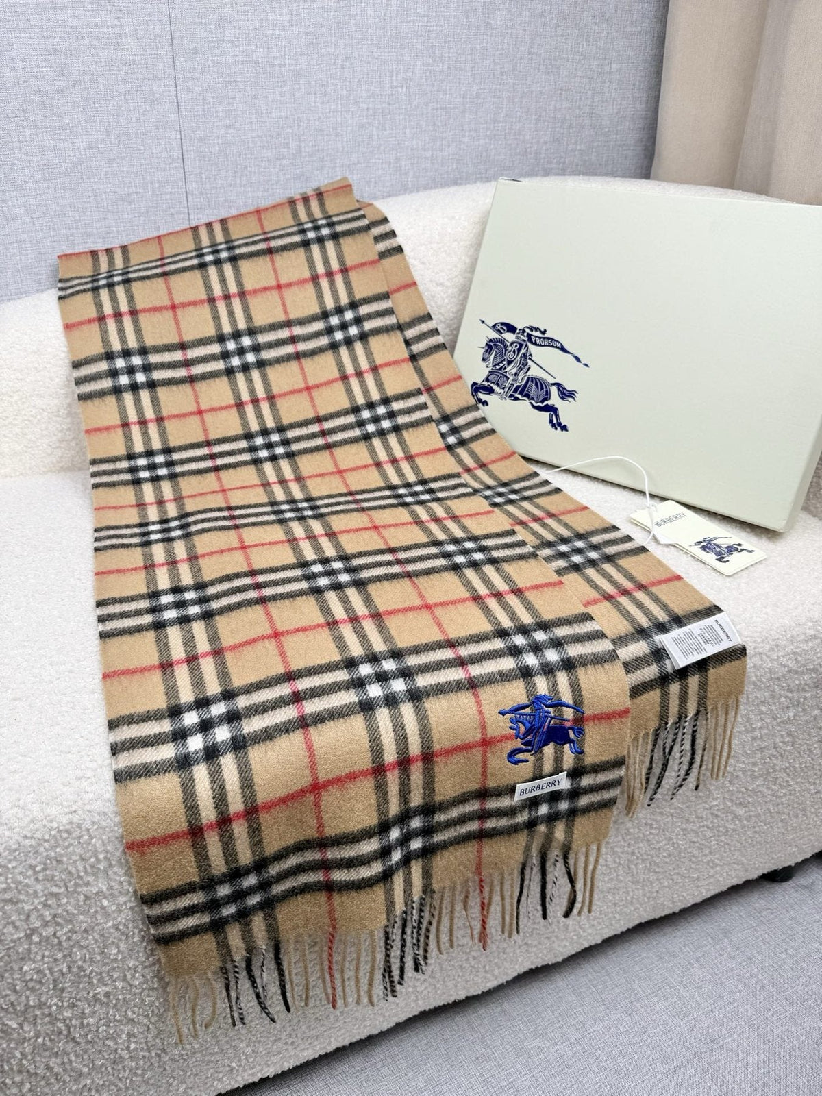 Burberry Beige Check Fringed Scarf — front