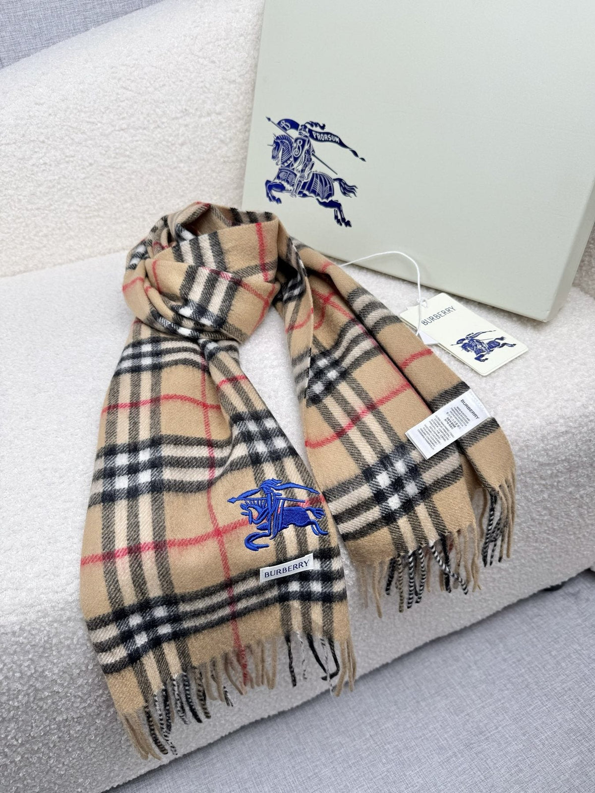 Burberry Beige Check Fringed Scarf — front