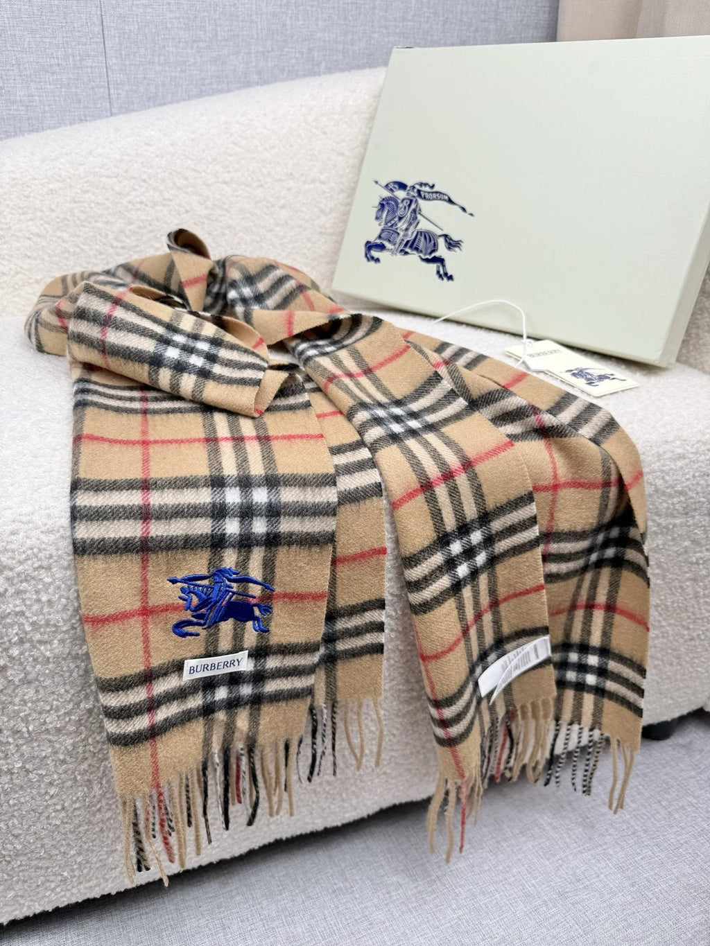 Burberry Beige Plaid Fringe Scarf — front