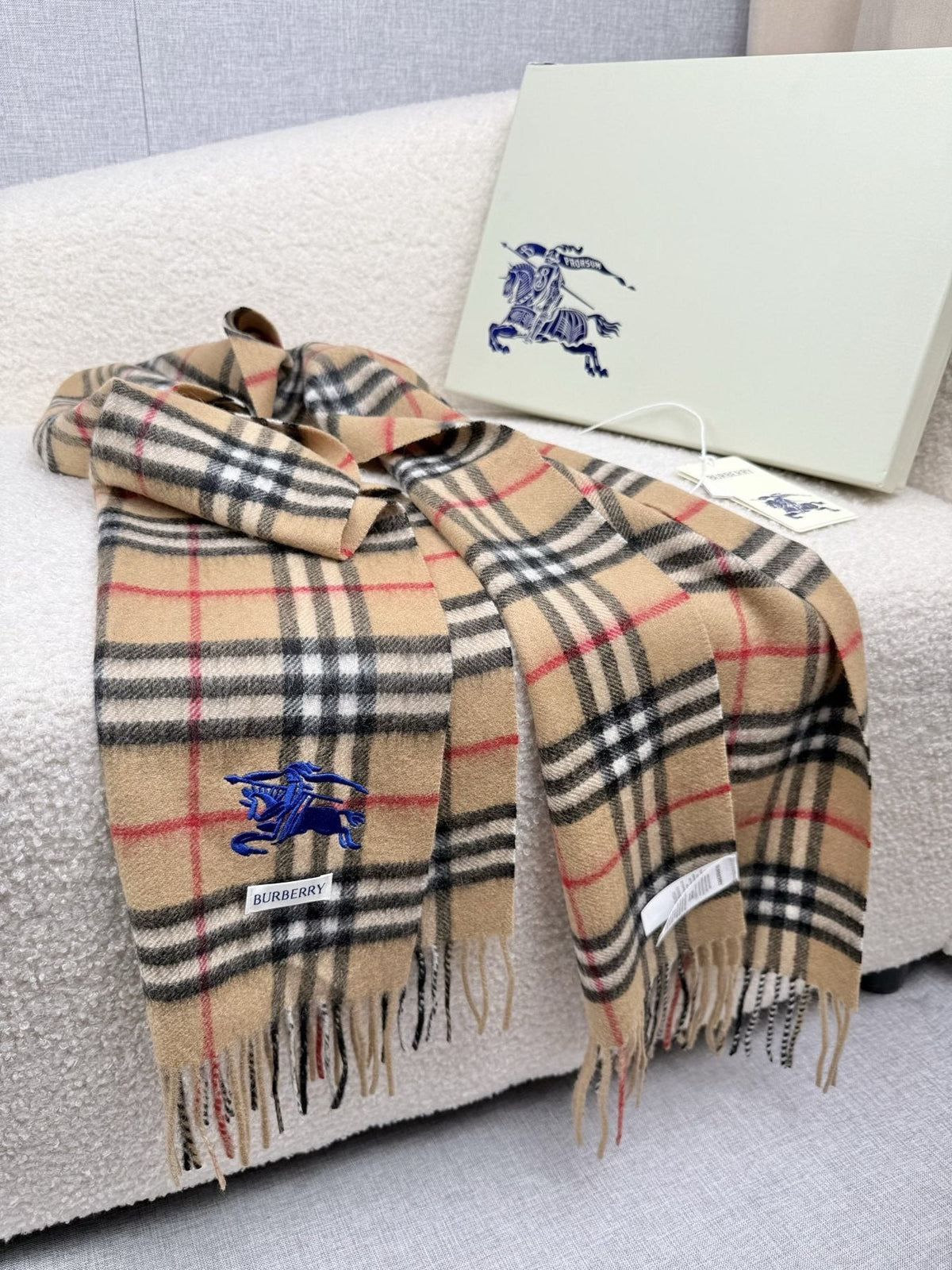 Burberry Beige Check Fringed Scarf — side