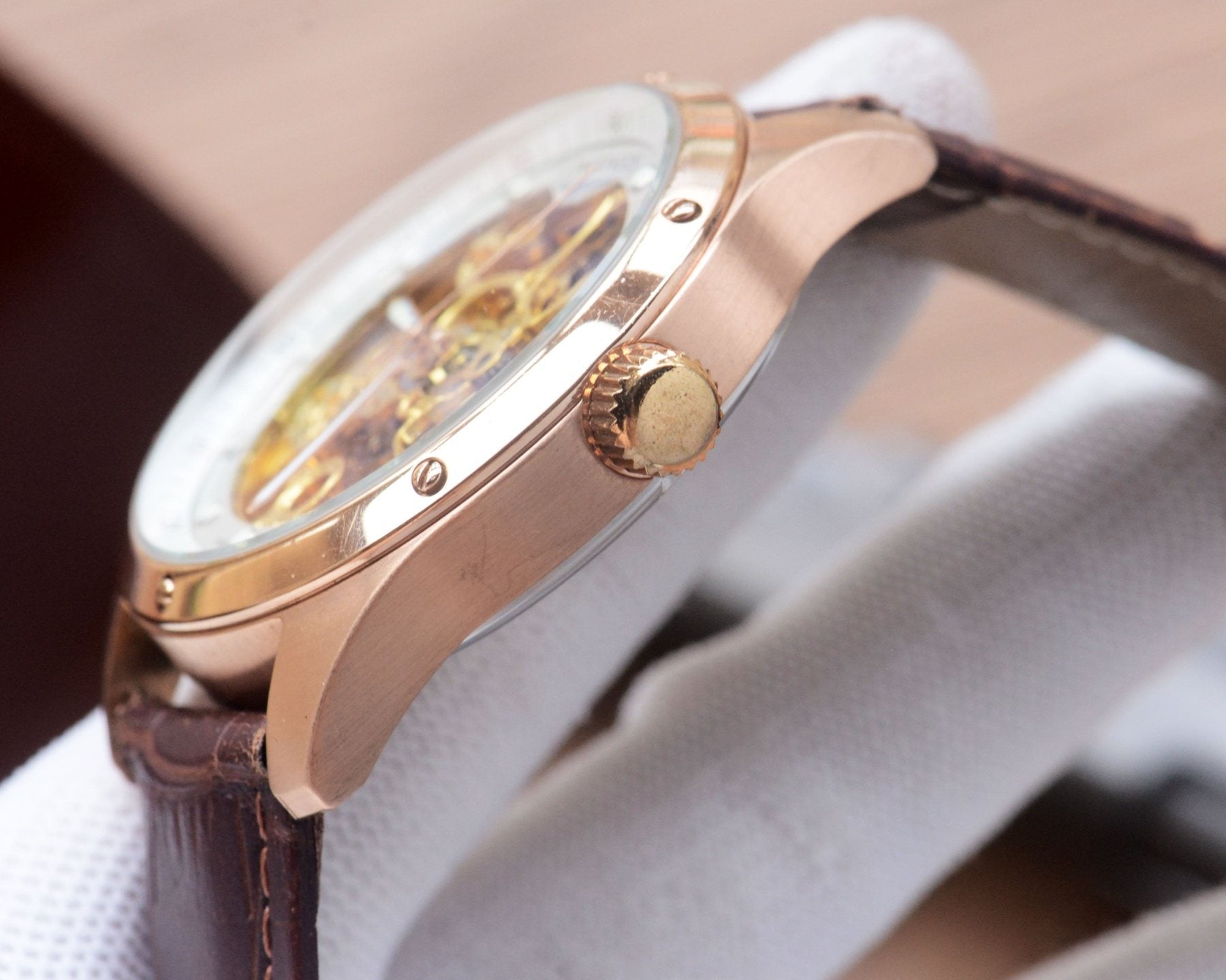 Hublot Rose Gold Black Leather Strap Watch — side