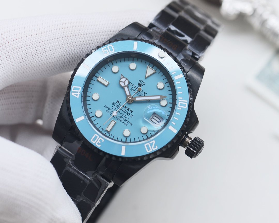 Rolex Turquoise Blue Dial Black Bracelet Watch — front