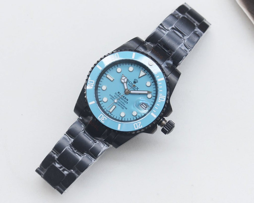 Rolex Turquoise Blue Dial Black Bracelet Watch — front