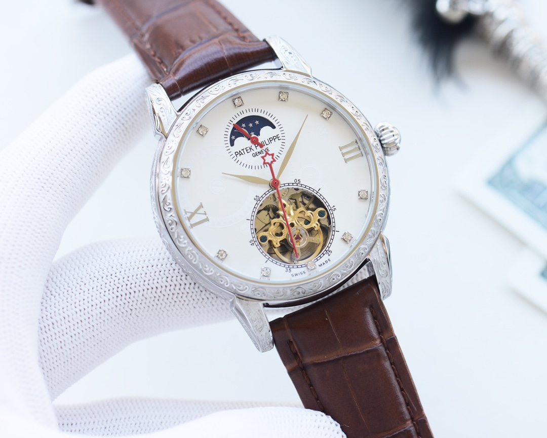 Patek Philippe Brown Silver White Dial Strap Watch — hero