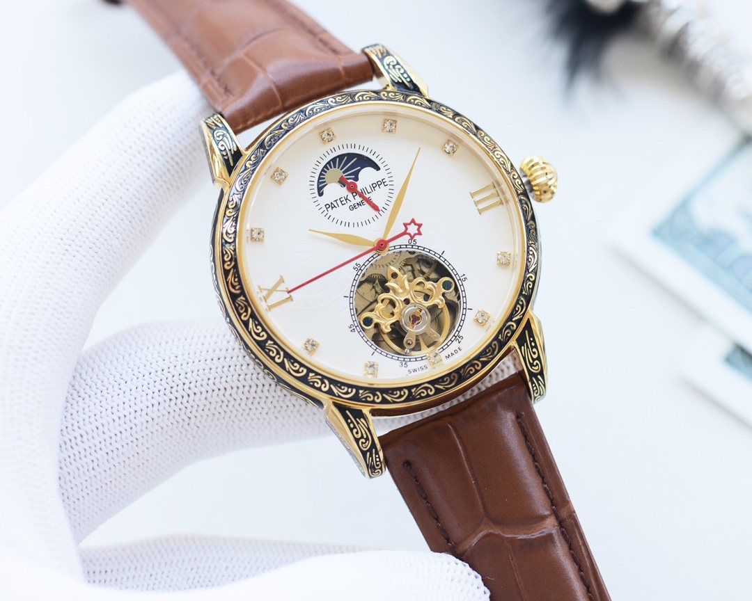 Patek Philippe Brown Gold White Dial Strap Watch — hero