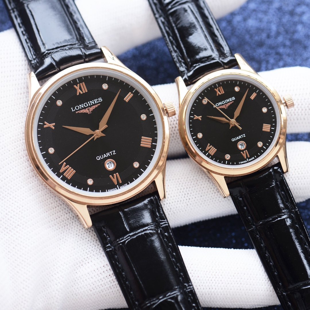 Longines Rose Gold Black Dial Leather Strap Watch — hero