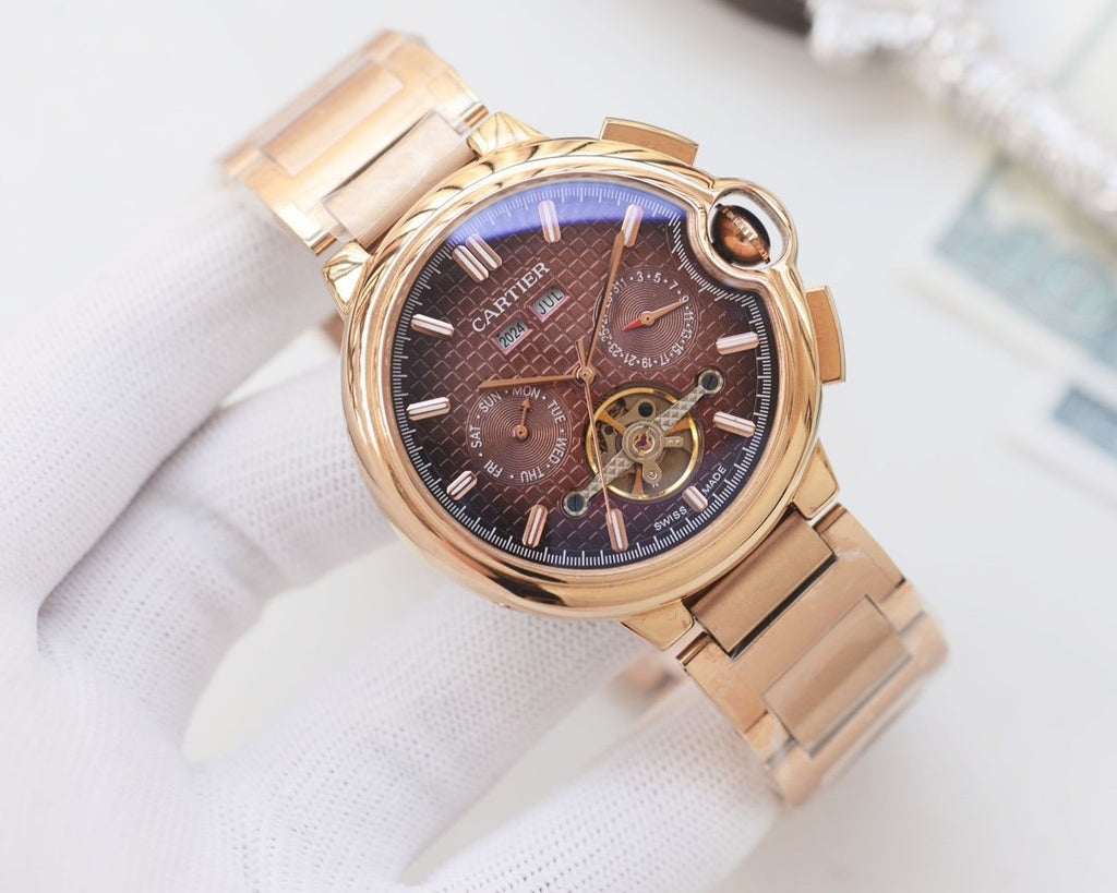 Cartier Rose Gold Brown Dial Leather Strap Watch — front