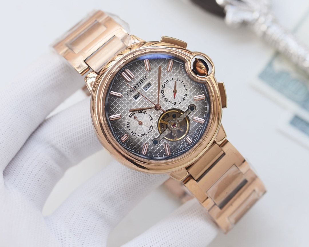 Cartier Rose Gold Brown Dial Leather Strap Watch — front