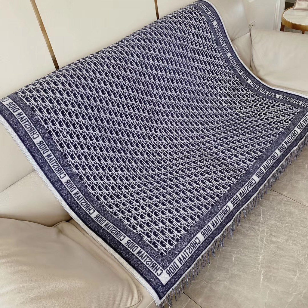 Dior Navy Blue & Ivory Fringed Scarf — hero