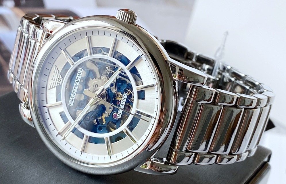 EMPORIO ARMANI Blue Skeleton Dial Watch — front