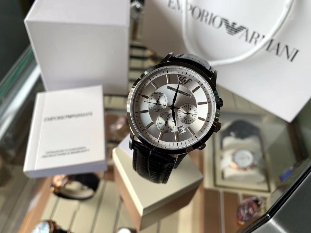 EMPORIO ARMANI Silver Dial Black Leather Strap Watch — front