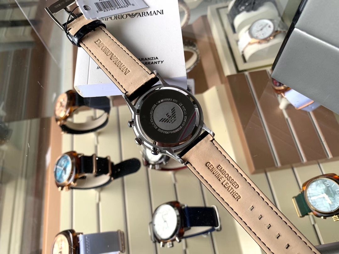 EMPORIO ARMANI Silver Dial Black Leather Strap Watch — detail