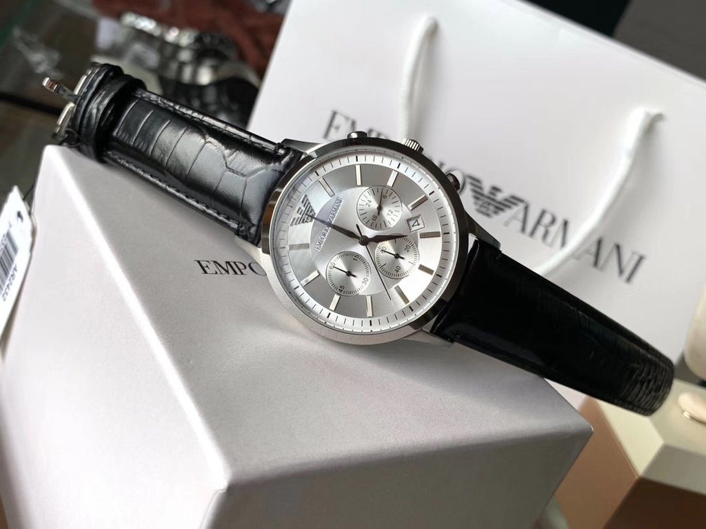 EMPORIO ARMANI Silver Dial Black Leather Strap Watch — front