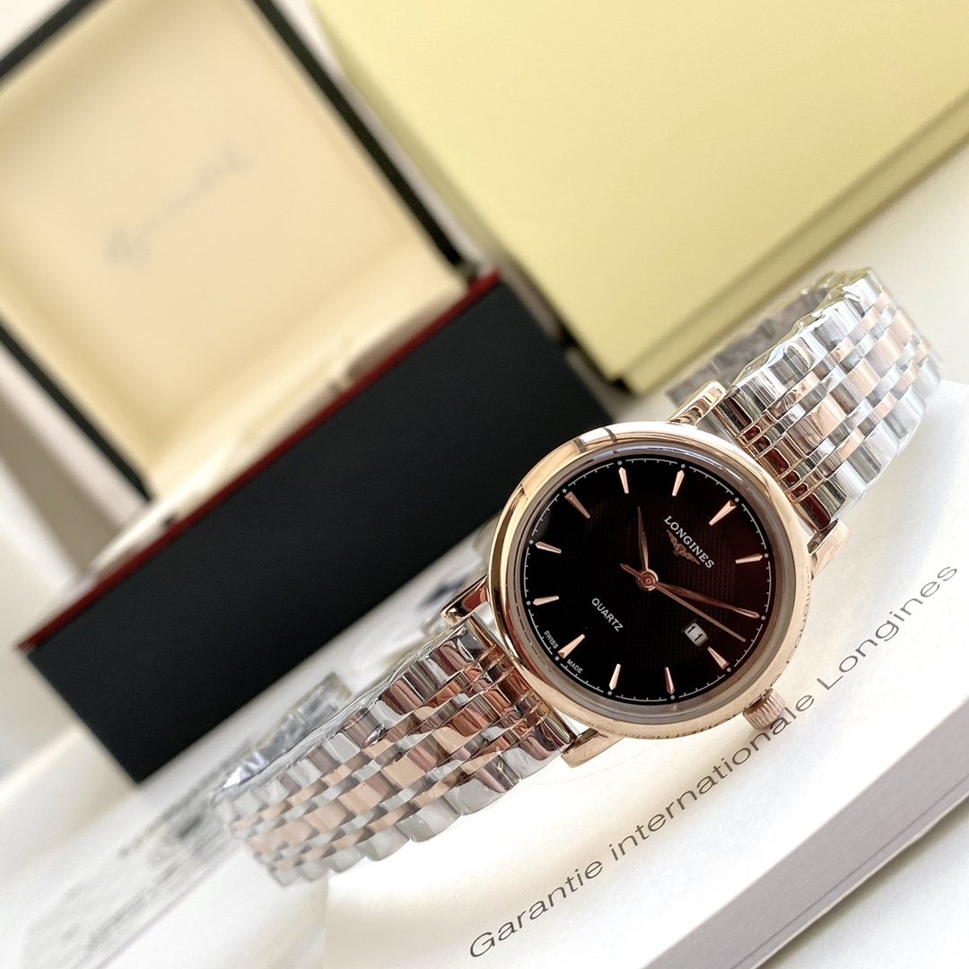 Longines Silver Rose Gold Black Dial Bracelet Couple Watch Set — detail