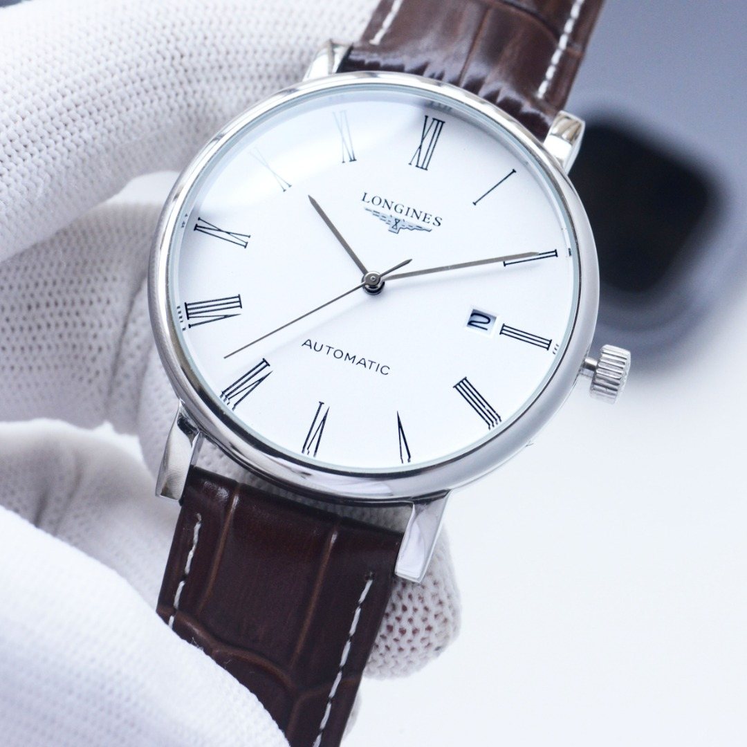 Longines Silver Brown White Dial Leather Strap Watch — hero