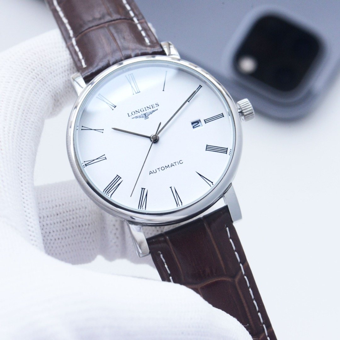 Longines Silver Brown White Dial Leather Strap Watch — front