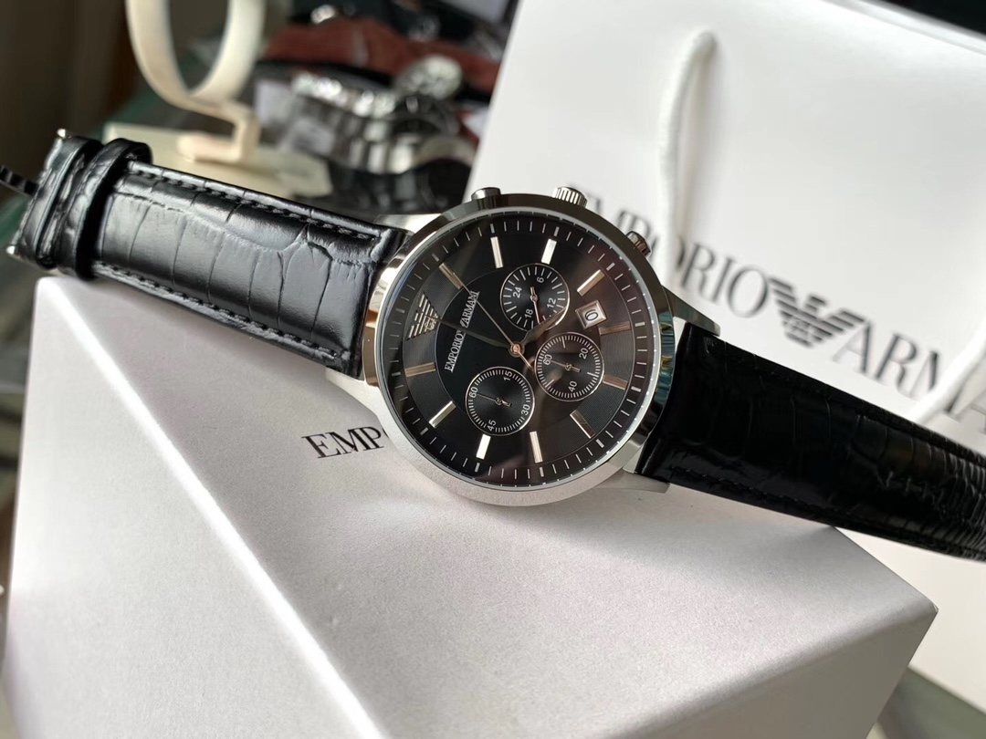 EMPORIO ARMANI Black Dial Leather Strap Watch — front