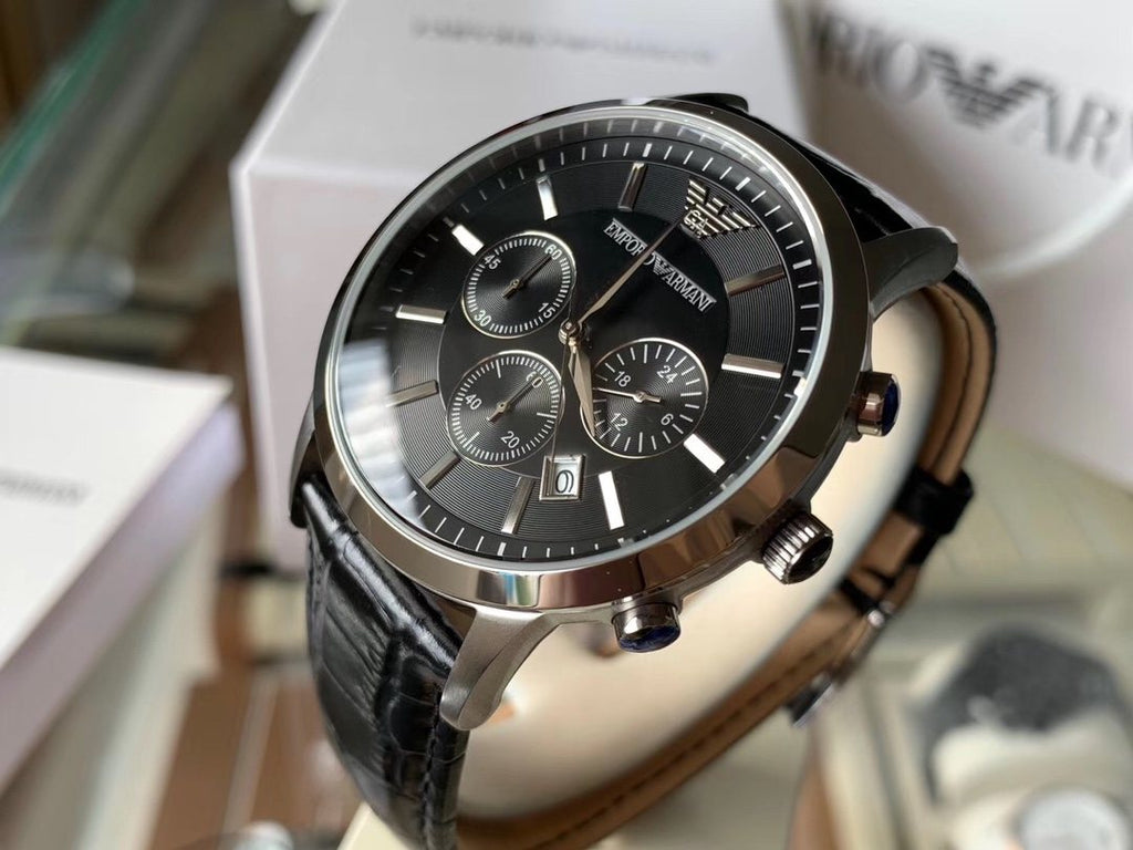 EMPORIO ARMANI Black Dial Leather Strap Watch — front