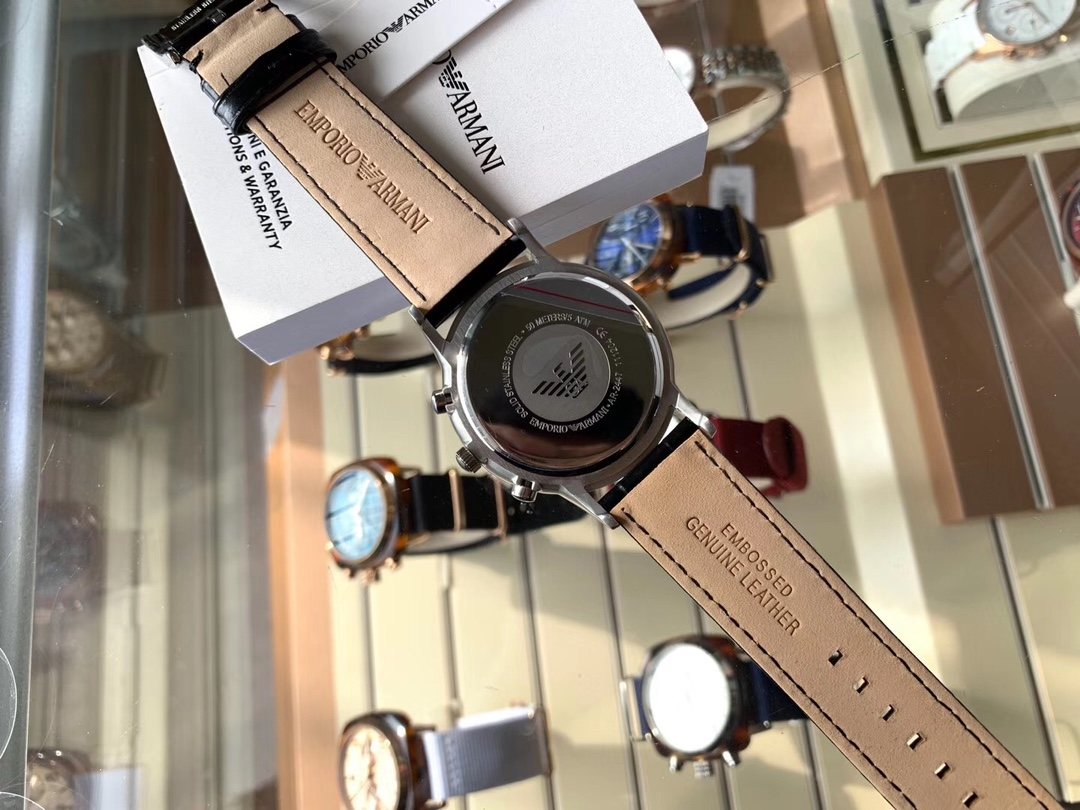 EMPORIO ARMANI Black Dial Leather Strap Watch — back