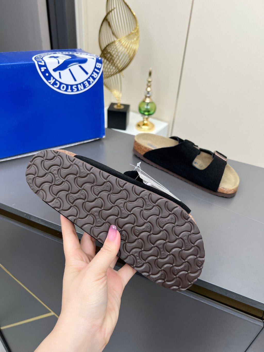Birkenstock Black Two-Strap Slide Sandals — detail