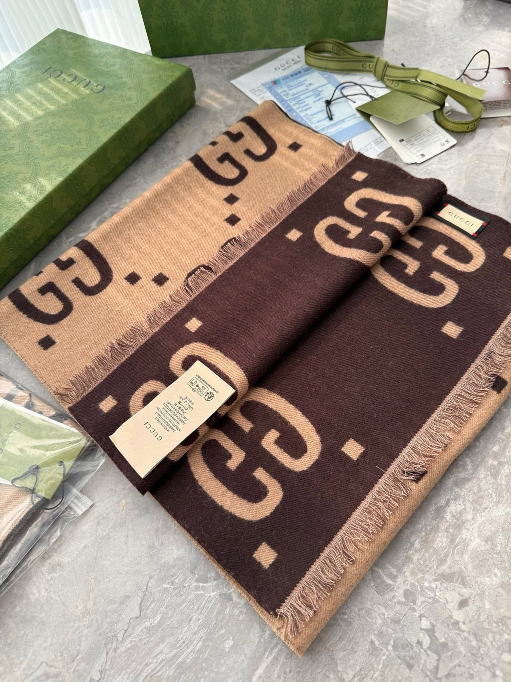 Gucci Dark Brown & Beige Fringed Scarf — front