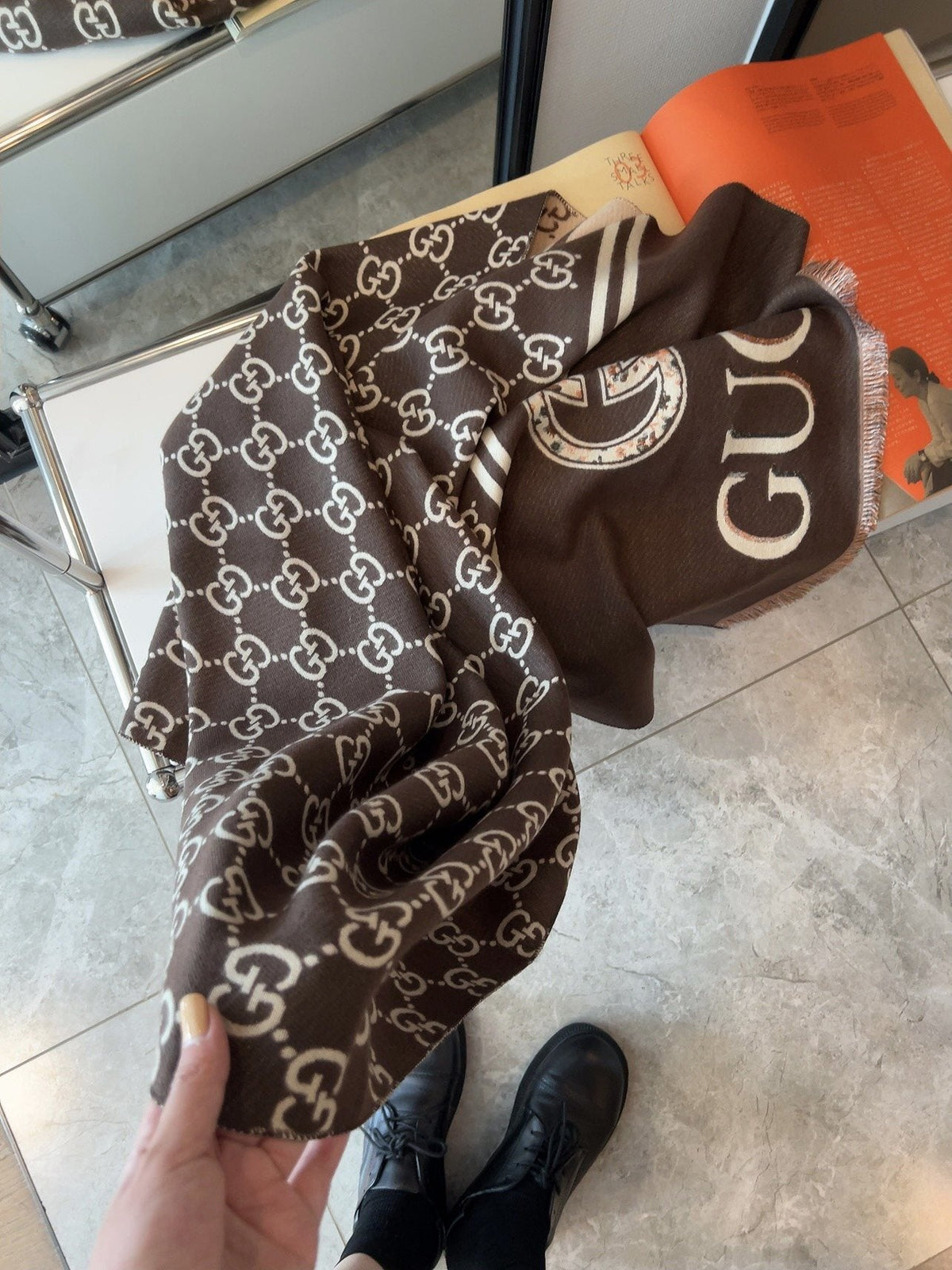 Gucci Patterned Logo Scarf — model